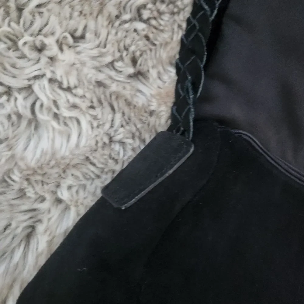 dennis basso Faux Fur Shearling Trim Suede Braided Strap Shoulder Bag Black‎